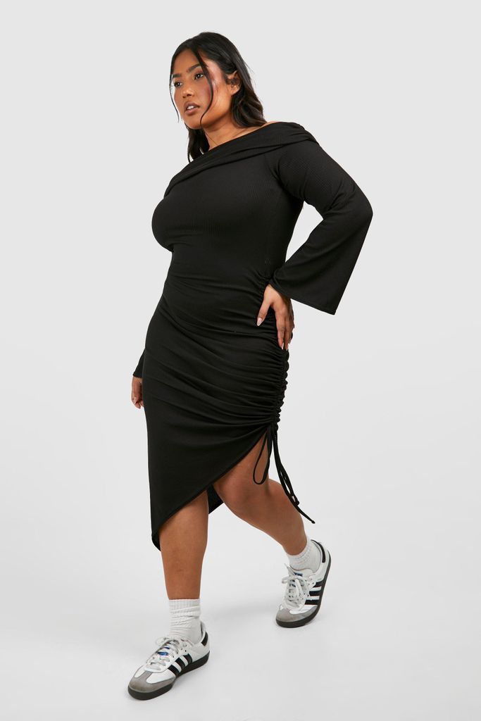 Womens Plus Soft Rib Off Shoulder Ruched Split Dress - Black - 18, Black