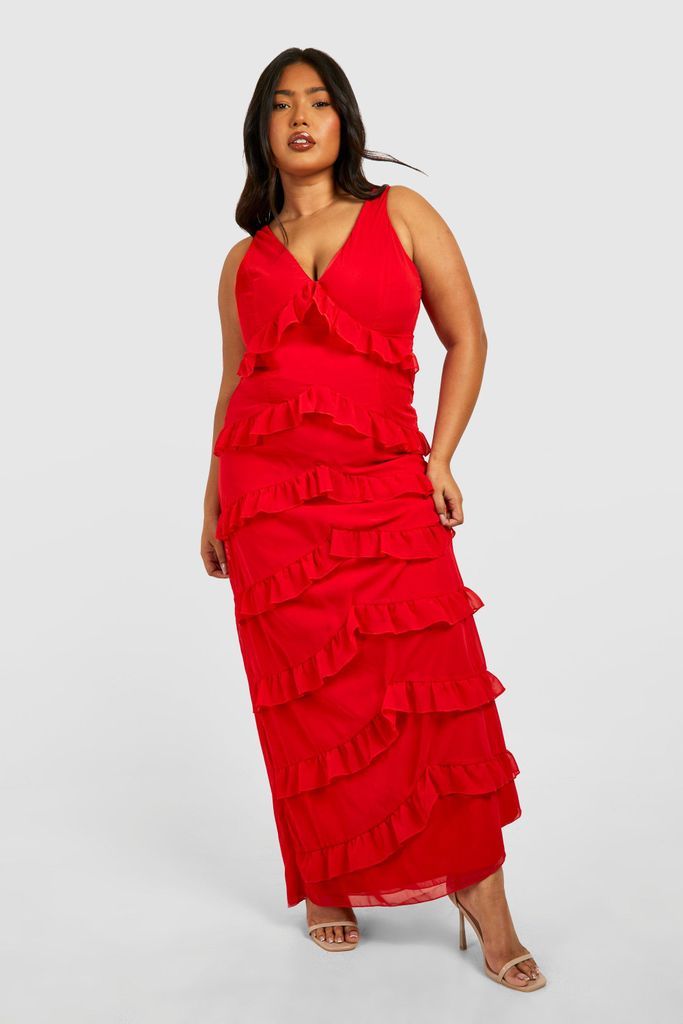 Womens Plus Woven Ruffle Maxi Dress - Red - 16, Red