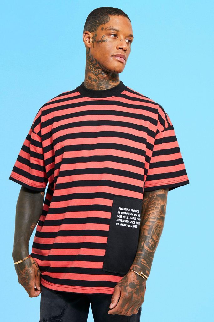 Men's Oversized Graphic Patch Detail Stripe T-Shirt - Black - L, Black