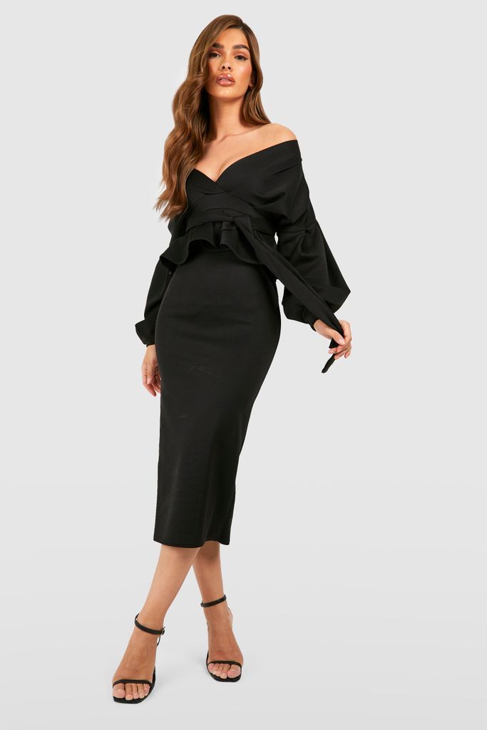 Womens Off The Shoulder Peplum Maxi Dress - Black - 10, Black