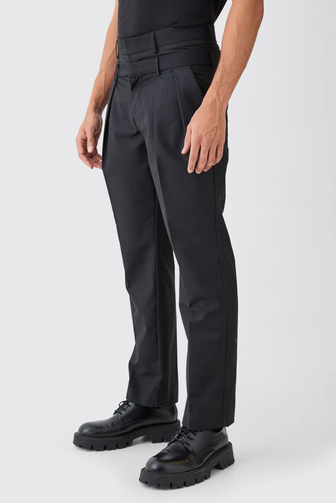 Men's Tailored Double Waistband Straight Trousers - Black - 28, Black