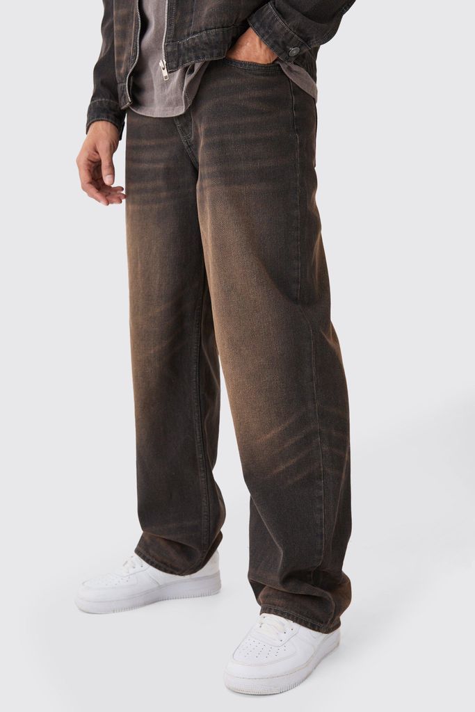 Men's Baggy Rigid Washed Jeans - Brown - 28R, Brown