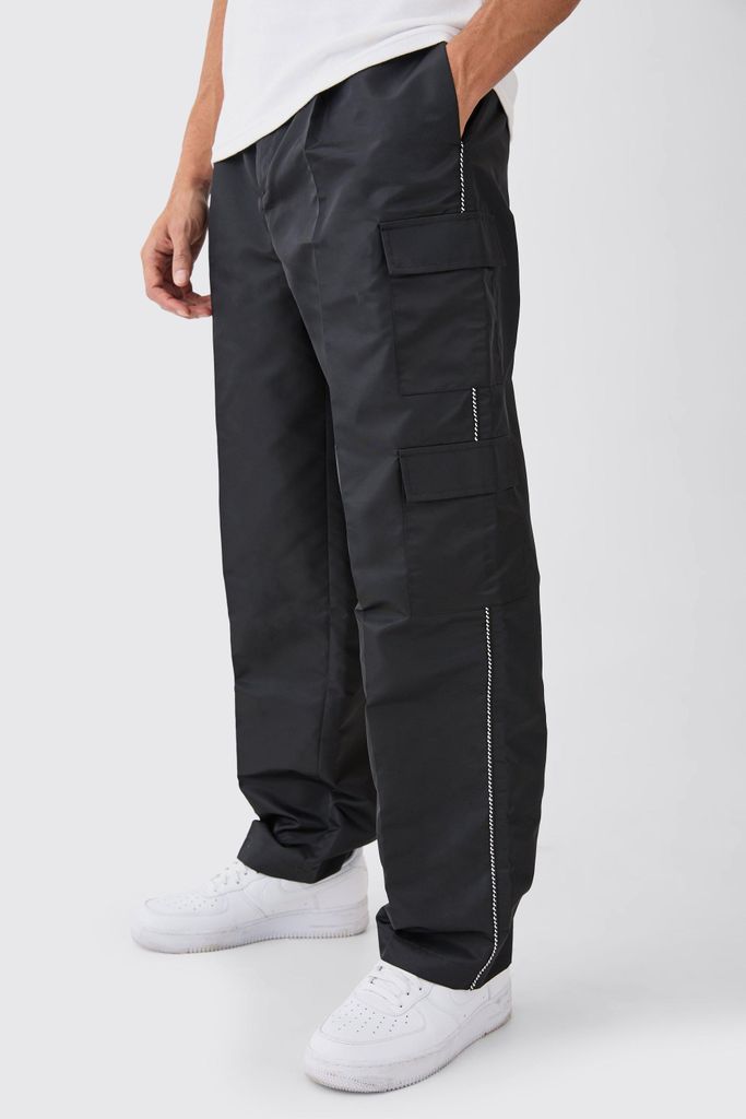 Men's Fixed Waist Pipe Detail Cargo Nylon Trousers - Black - 28, Black