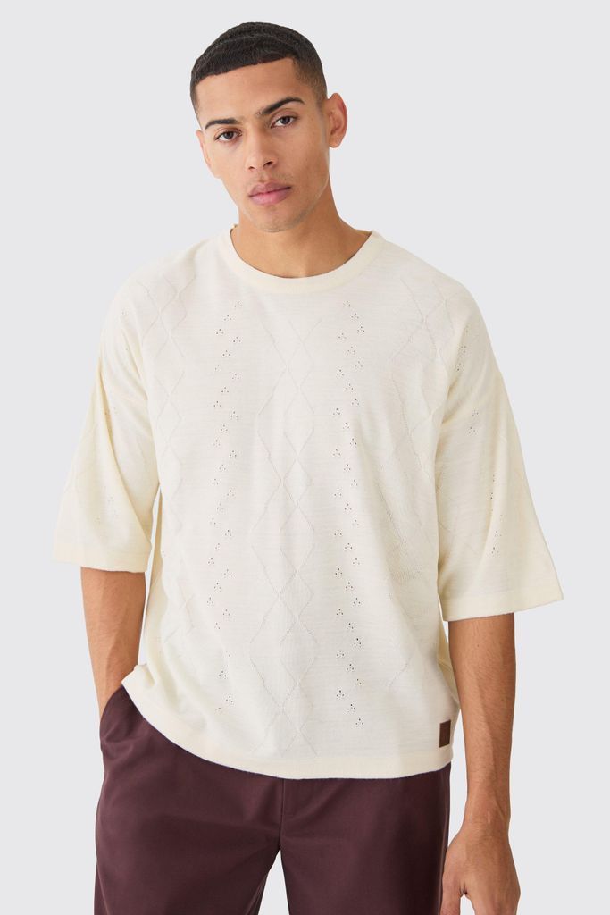 Men's Oversized Boxy Cable Knitted T-Shirt - Cream - S, Cream