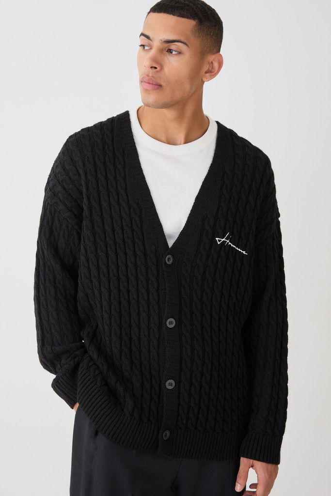 Men's Oversized Homme Cable Knitted Cardigan - Black - S, Black