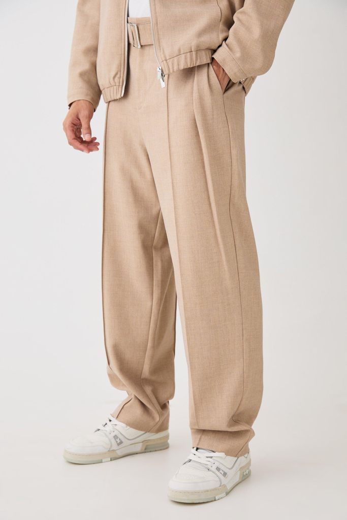 Men's Textured Tailored Belted Relaxed Fit Trousers - Beige - 28, Beige