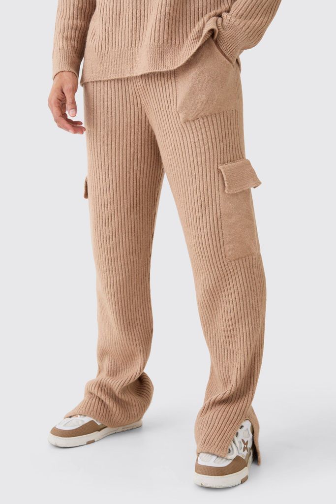 Men's Relaxed Marl Ribbed Knit Cargo Joggers - Brown - S, Brown