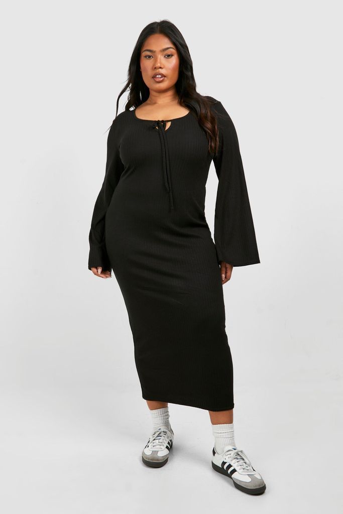 Womens Plus Soft Rib Key Hole Midi Dress - Black - 16, Black