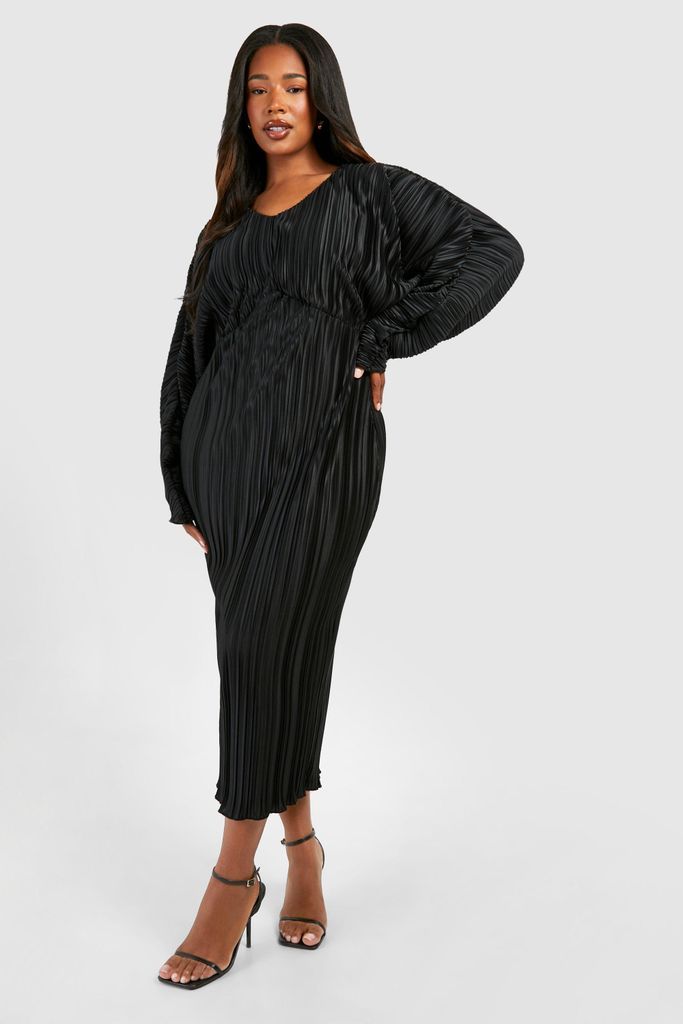 Womens Plus Wide Plisse Batwing Midaxi Dress - Black - 16, Black
