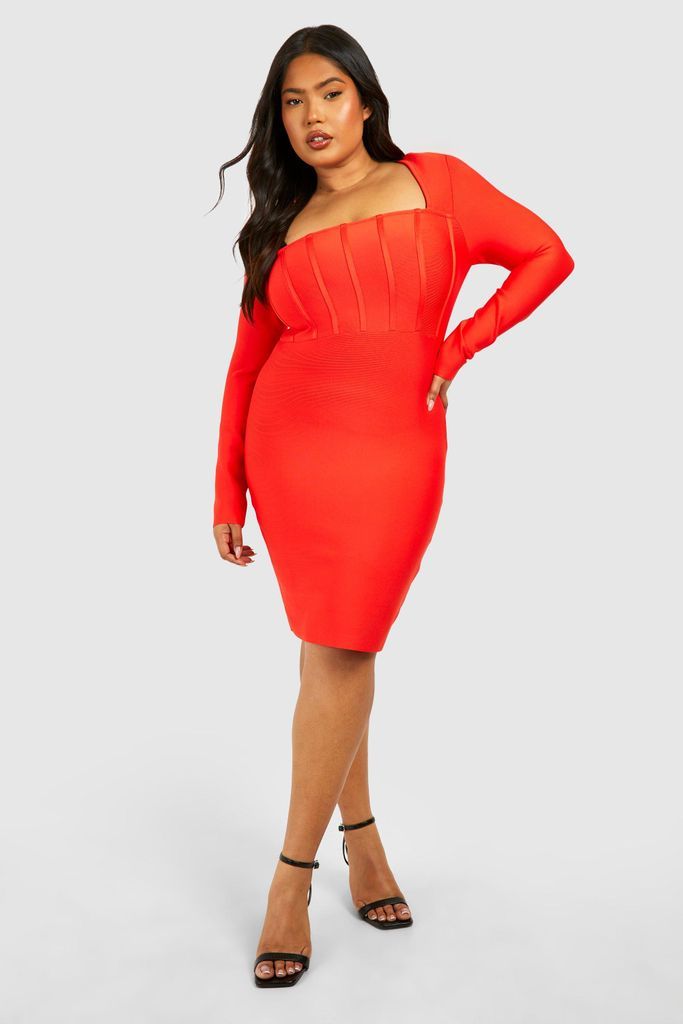 Womens Plus Bandage Long Sleeve Bodycon Dress - Red - 16, Red