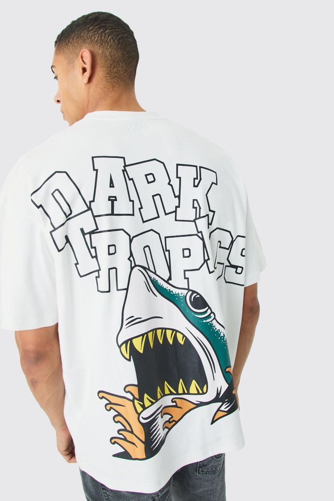 Men's Oversized Interlock Dark Tropics Shark T-Shirt - White - S, White