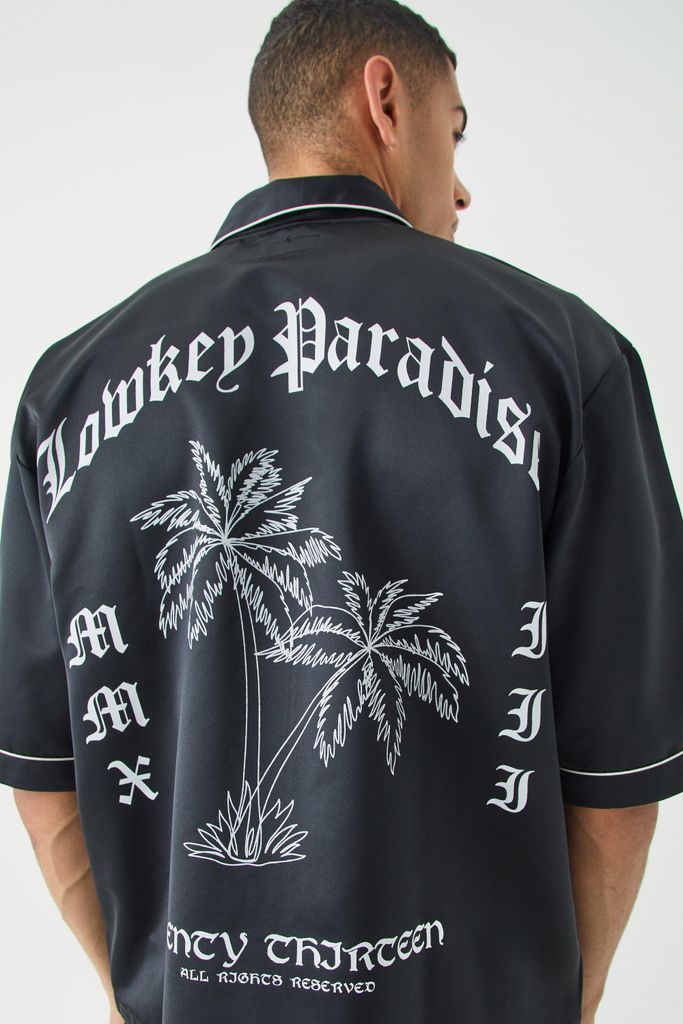 Men's Oversized Lowkey Paradise Satin Shirt - Black - S, Black