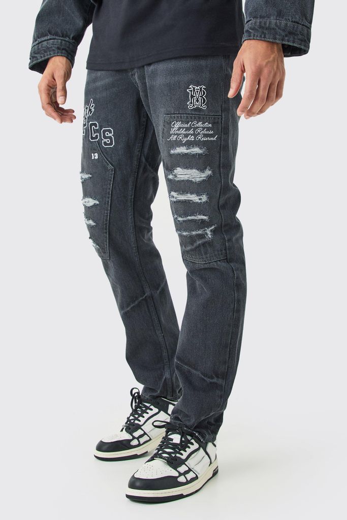Men's Slim Rigid Applique Distressed Jeans - Black - 28R, Black
