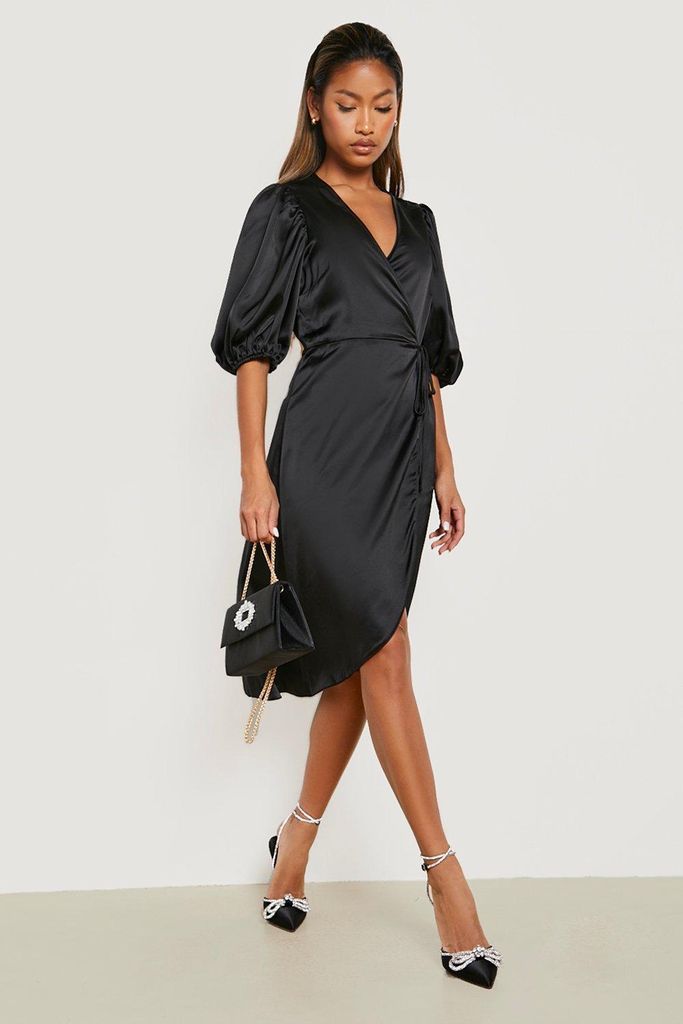 Womens Puff Sleeve Satin Wrap Midi Dress - Black - 8, Black
