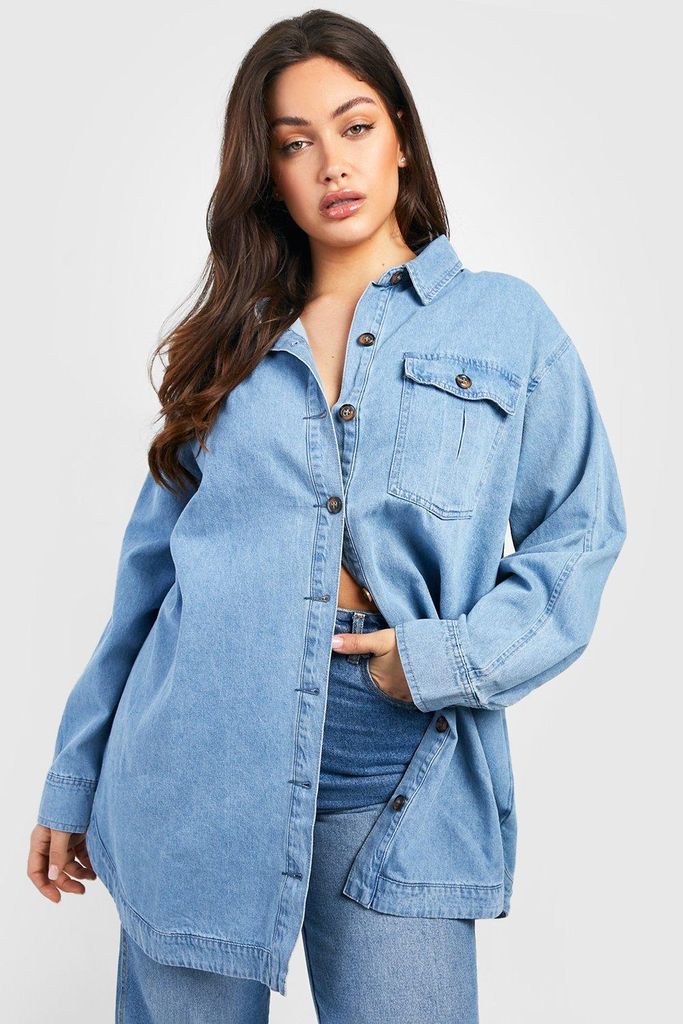 Womens Plus Acid Wash Pocket Oversized Denim Shirt - Blue - 16, Blue