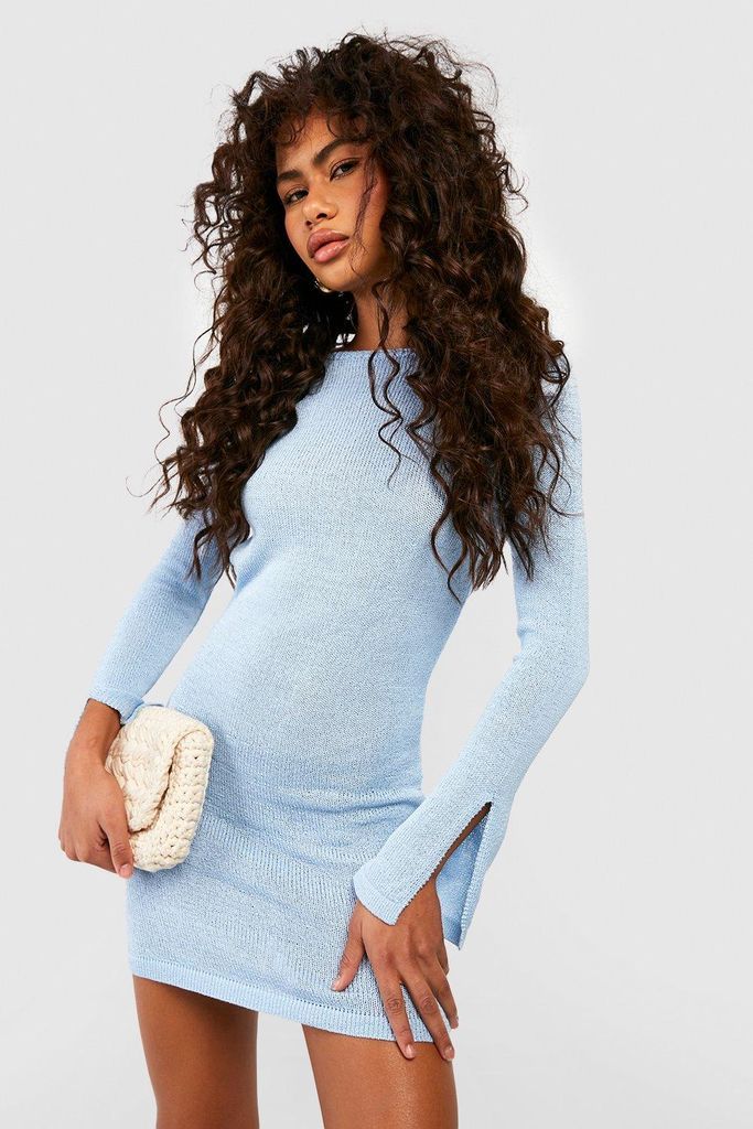 Womens Scoop Back Split Cuff Knitted Mini Dress - Blue - Xl, Blue