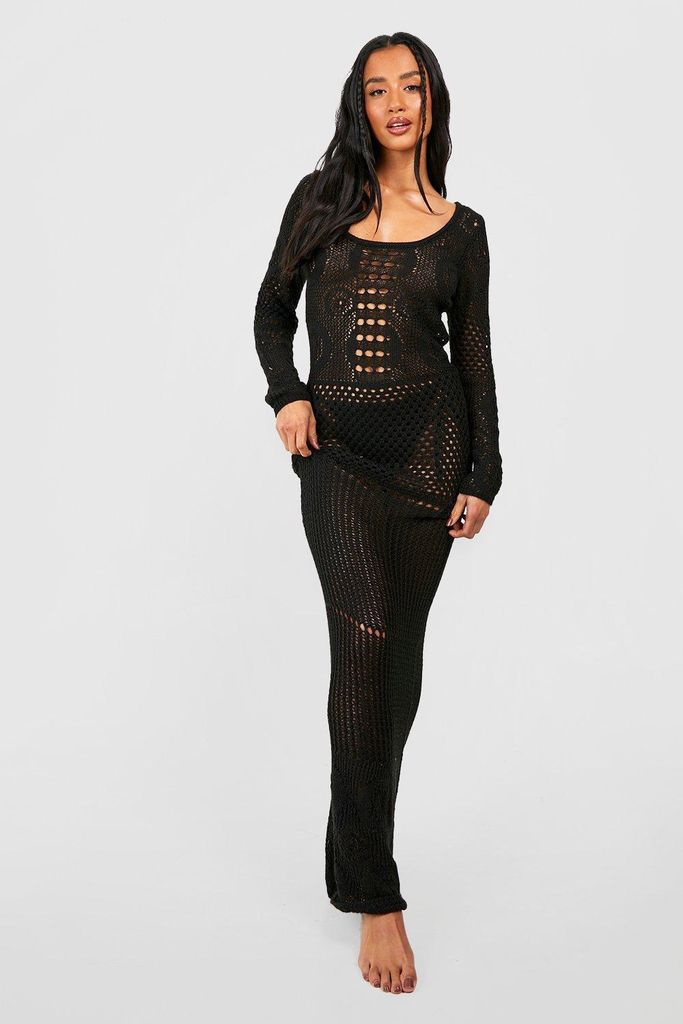 Womens Petite Neon Crochet Maxi Dress - Black - 4, Black
