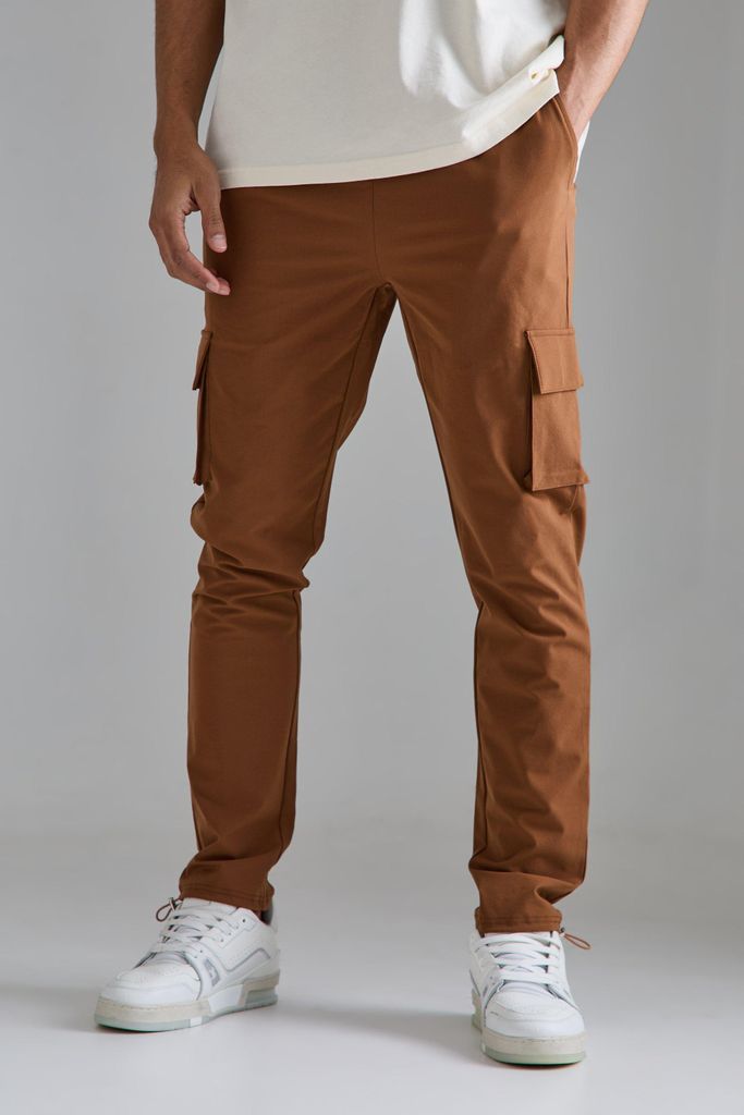 Men's Elasticated Waist Skinny Stretch Cargo Trousers - Brown - S, Brown
