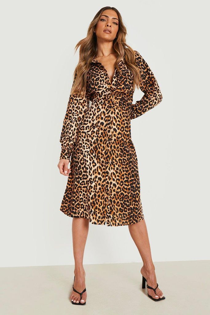 Womens Leopard Print Rouched Midi Shirt Dress - Brown - 12, Brown