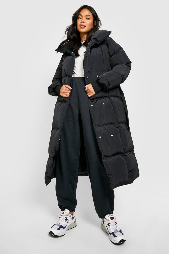 Womens Longline Duvet Belted Puffer Jacket - Black - 8, Black