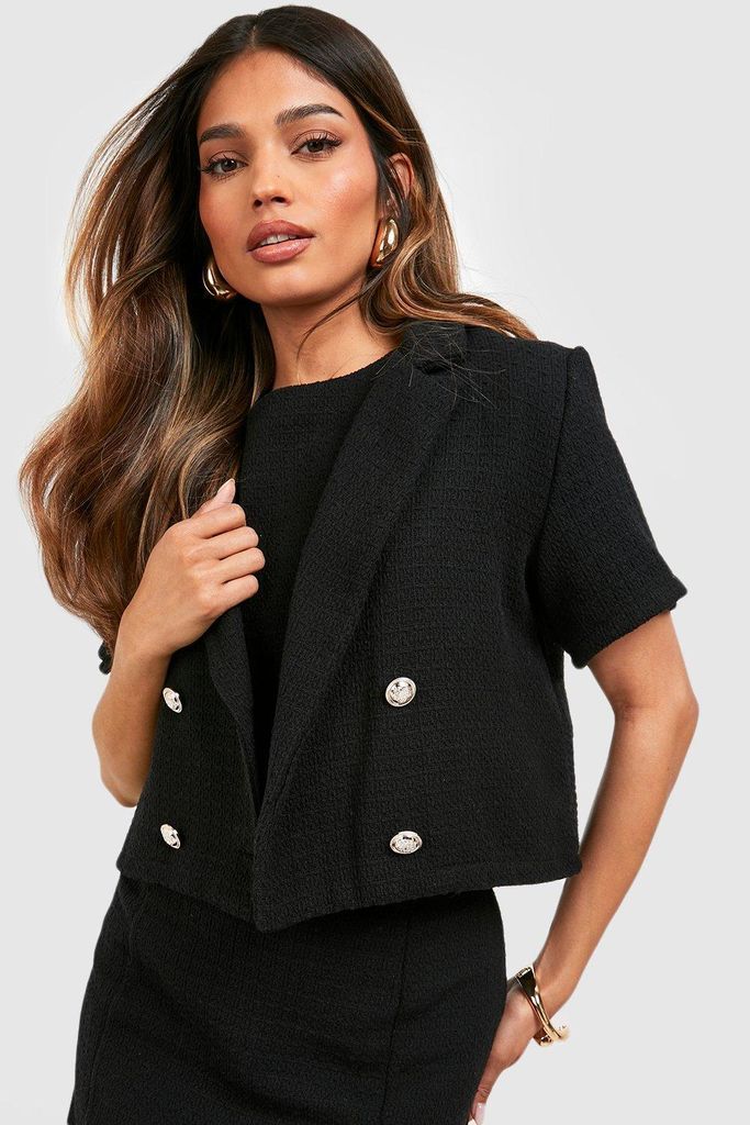 Womens Tweed Double Breasted Cropped Blazer - Black - 8, Black