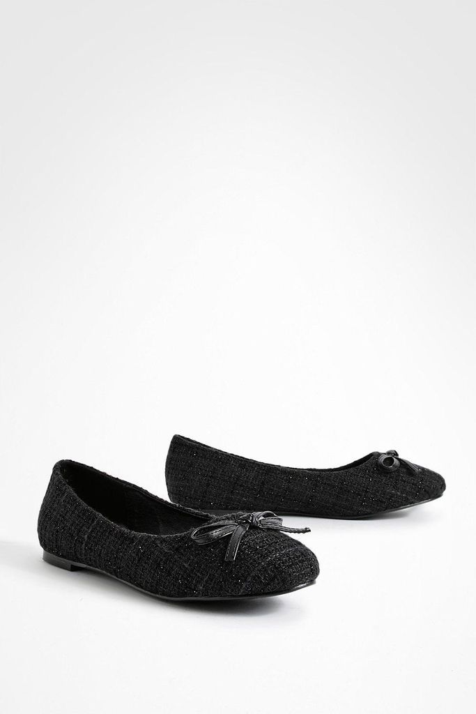 Womens Wide Fit Bow Detail Tweed Ballet Flats - Black - 4, Black