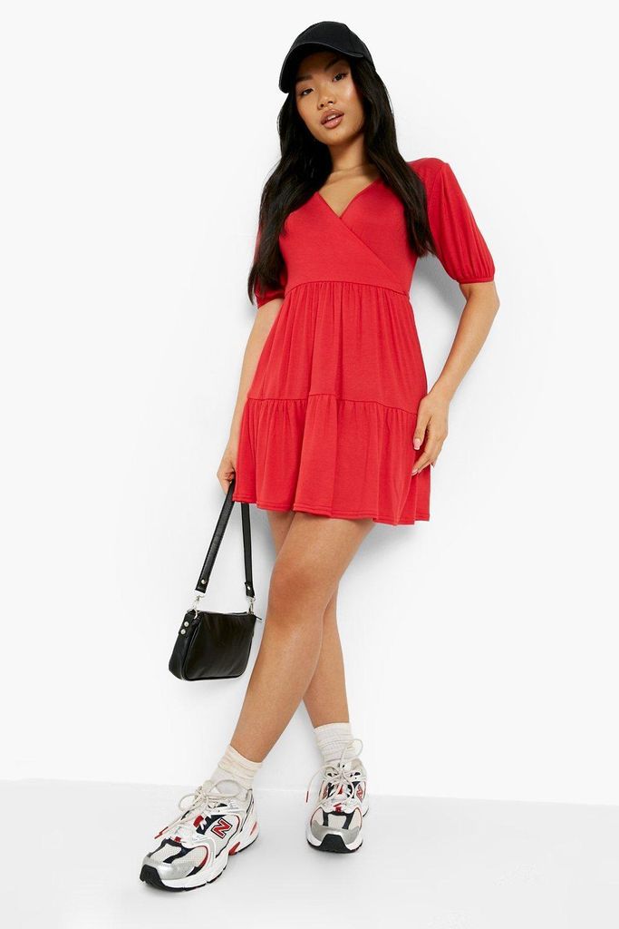 Womens Petite Puff Sleeve Wrap Smock Dress - Red - 16, Red