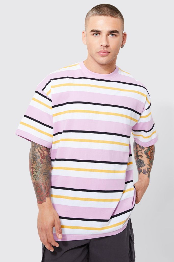 Men's Oversized Yarn Dyed Stripe T-Shirt - Pink - M, Pink