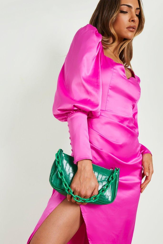 Womens Satin Puff Sleeve Wrap Maxi Dress - Pink - 10, Pink