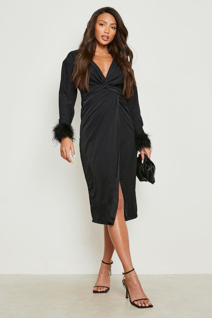 Womens Tall Feather Trim Twist Detail Midi Dress - Black - 10, Black