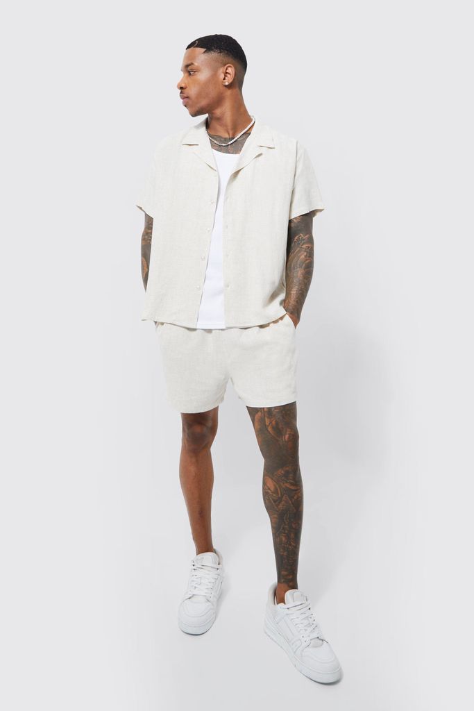 Men's Boxy Linen Shirt And Mid Length Short Set - Beige - Xl, Beige