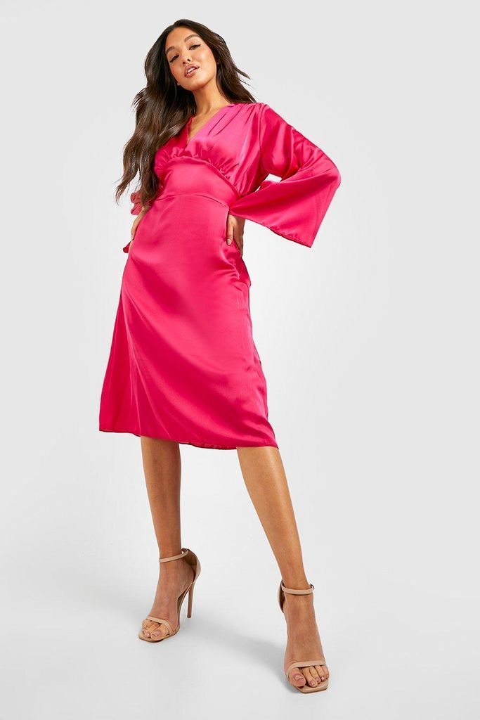 Womens Satin Batwing Plunge Midi Dress - Pink - 10, Pink