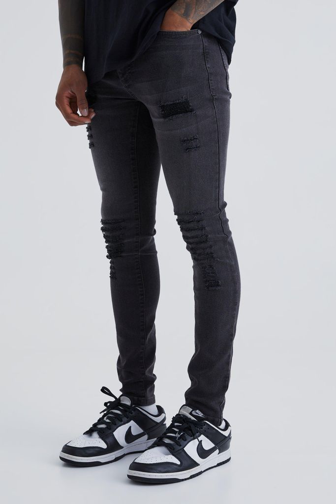 Men's Super Skinny Jeans With All Over Rips - Grey - 32R, Grey