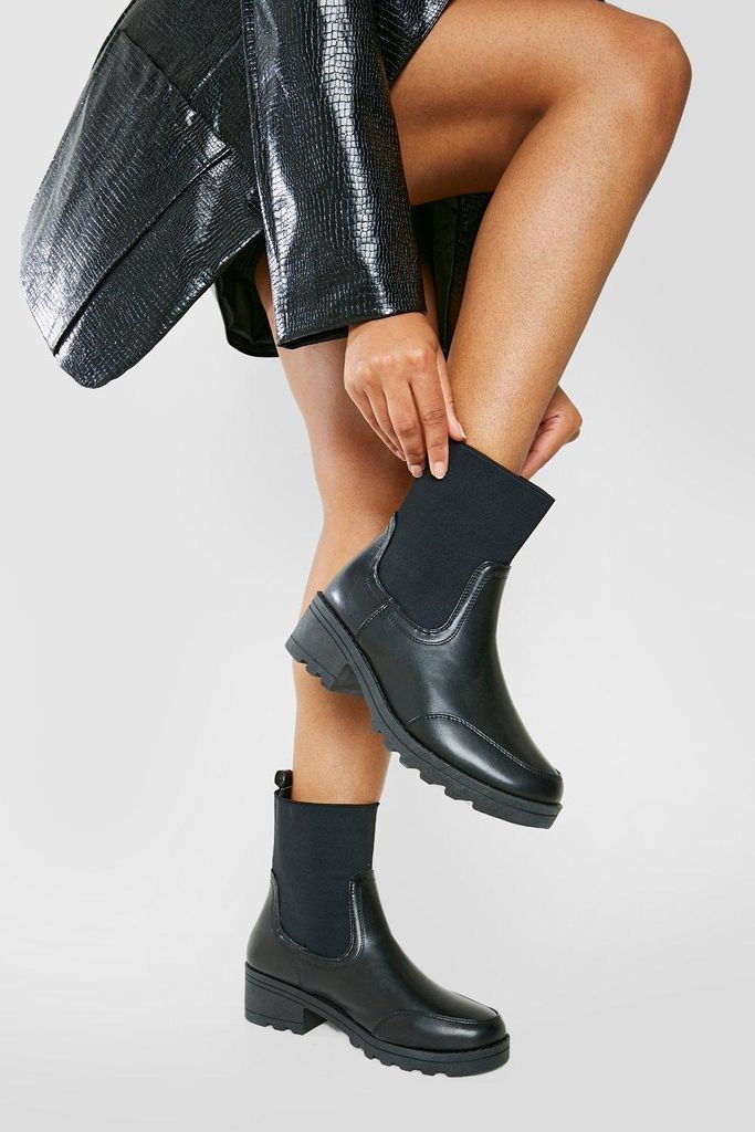 Womens Elastic Panel Block Heel Chelsea Boots - Black - 4, Black