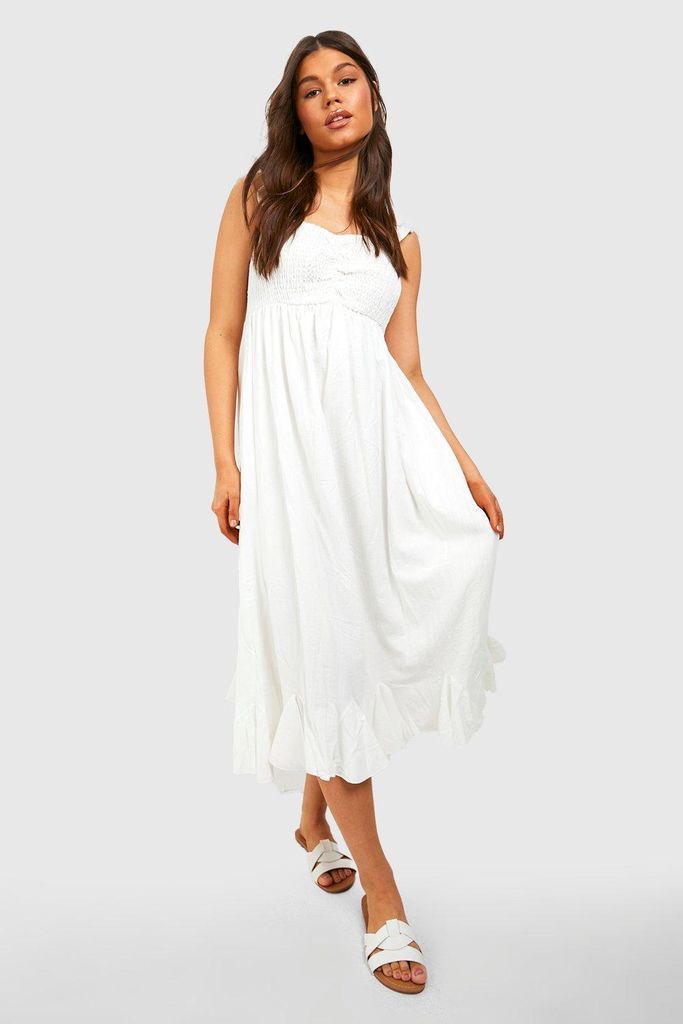 Womens Linen Shirred Ruffle Midaxi Dress - White - 14, White