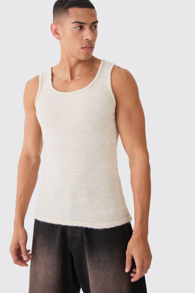 Men's Muscle Fit Boucle Textured Knitted Vest - Cream - S, Cream