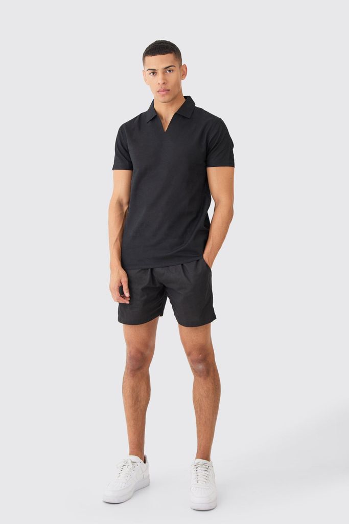 Men's Short Sleeve Linen Overhead V Neck Shirt - Black - S, Black