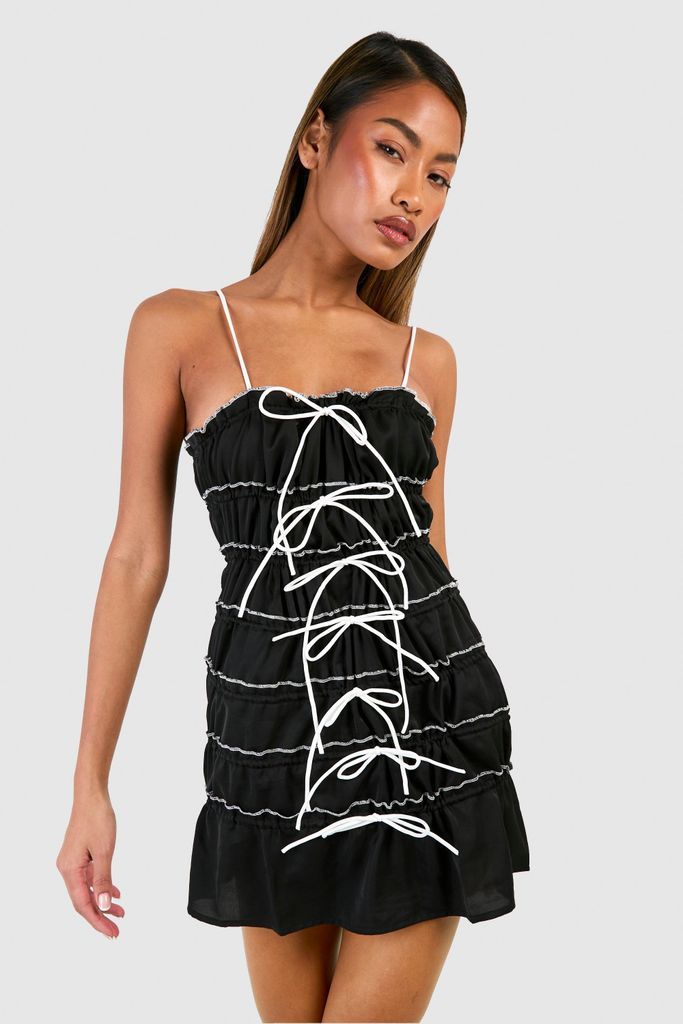 Womens Tie Detail Rouched Strappy Mini Dress - Black - 8, Black