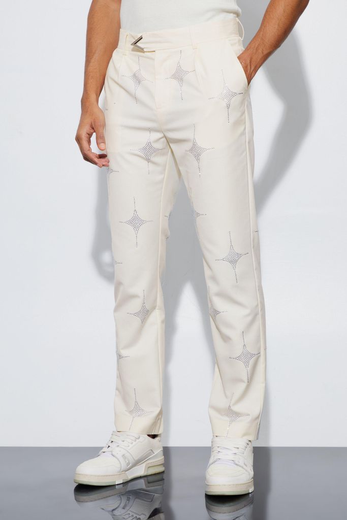 Men's Luxe Rhinestone Embellished Straight Fit Suit Trousers - Beige - 28, Beige