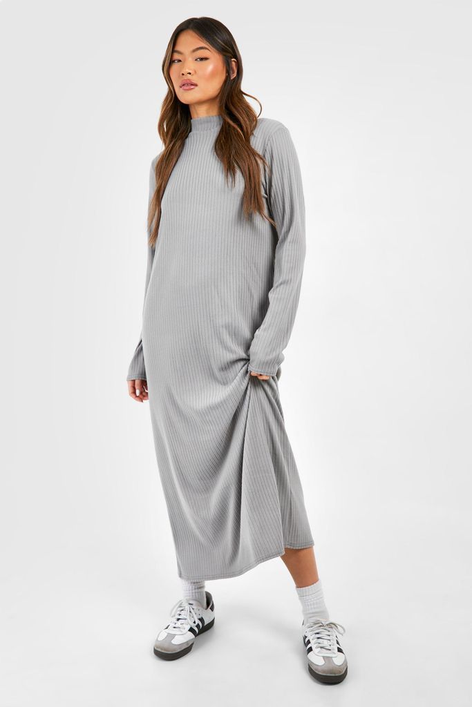 Womens Oversized Brushed Rib Column Midaxi Dress - Grey - 10, Grey