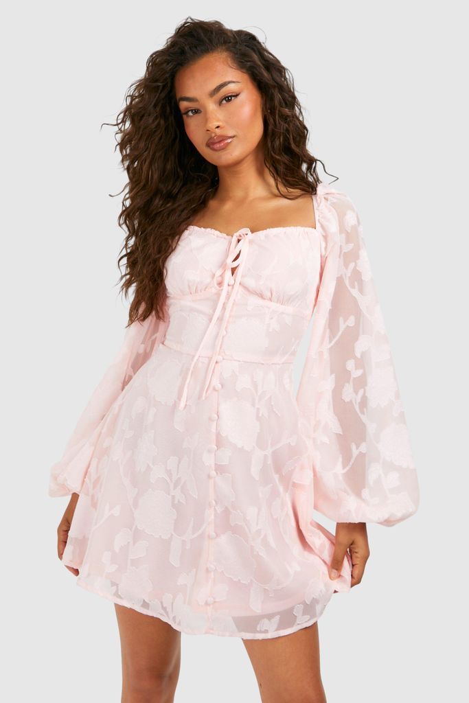 Womens Textured Balloon Sleeve Milkmaid Mini Dress - Pink - 8, Pink