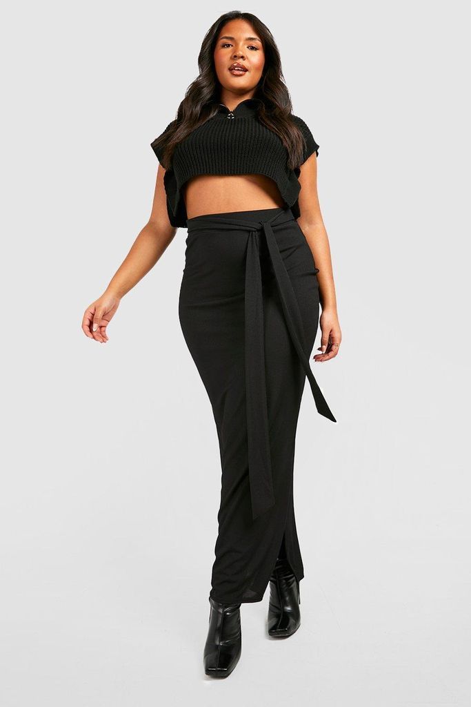 Womens Plus Rib Belted Split Side Seam Maxi Skirt - Black - 22, Black