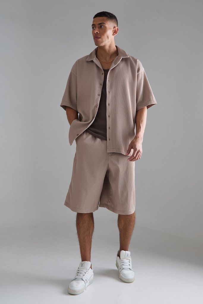 Men's Pleated Oversized Boxy Shirt And Jort Set - Brown - S, Brown