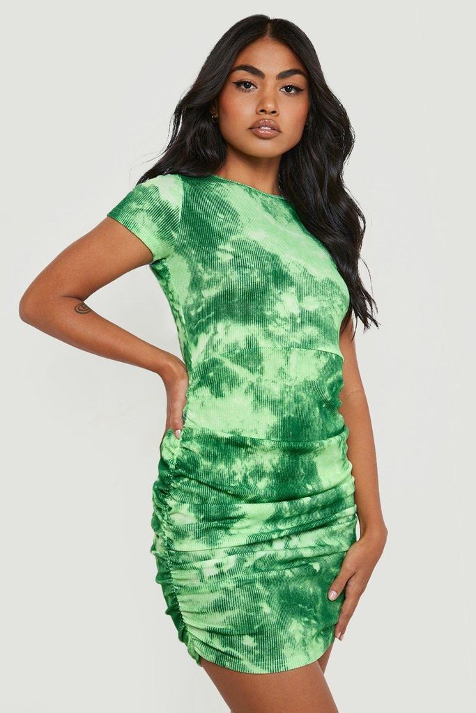 Womens Rib Ruched Side Mini Dress Tie Dye Print - Green - 16, Green