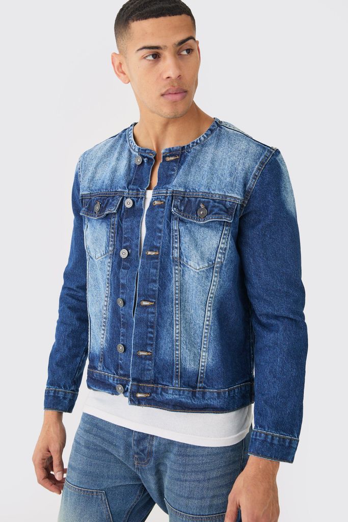 Men's Collarless Denim Jacket In Indigo - Blue - S, Blue