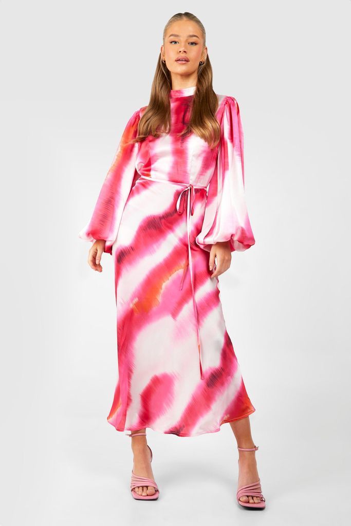 Womens Marble Print Satin Long Sleeve Midi Dress - Pink - 8, Pink
