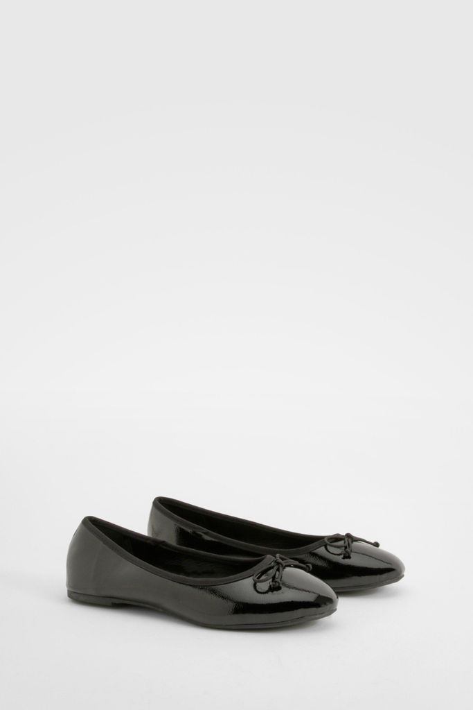 Womens Wide Fit Crinkle Bow Detail Ballet Flats - Black - 4, Black