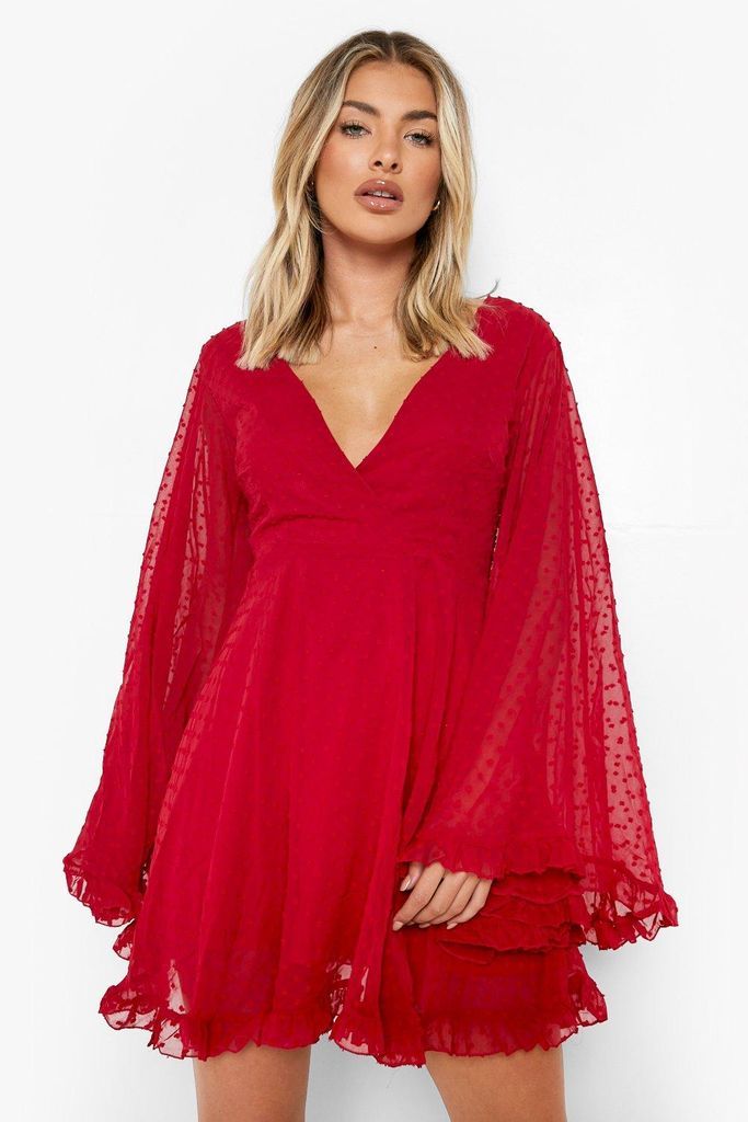 Womens Dobby Chiffon Wide Sleeve Skater Dress - Red - 10, Red
