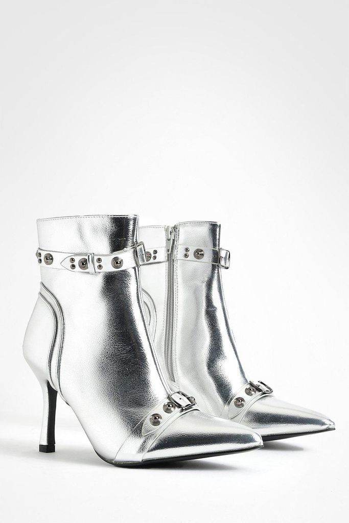 Womens Metallic Studded Ankle Boots - Grey - 5, Grey