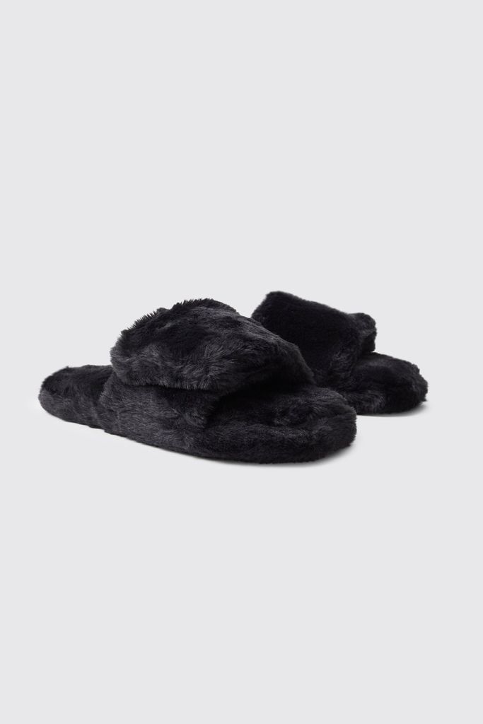 Men's Open Toe Faux Fur Slippers - Black - 12, Black